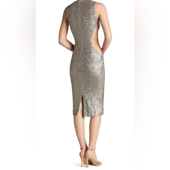 Sequined ‘Ryan’ Cutout Tea-Length Dress in Silver - Picture 3 of 14